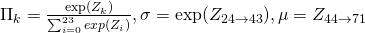 \Pi_{k} = \frac{\exp(Z_{k})}{\sum_{i=0}^{23} exp(Z_{i})}, \sigma = \exp(Z_{24\rightarrow43}), \mu = Z_{44\rightarrow71}